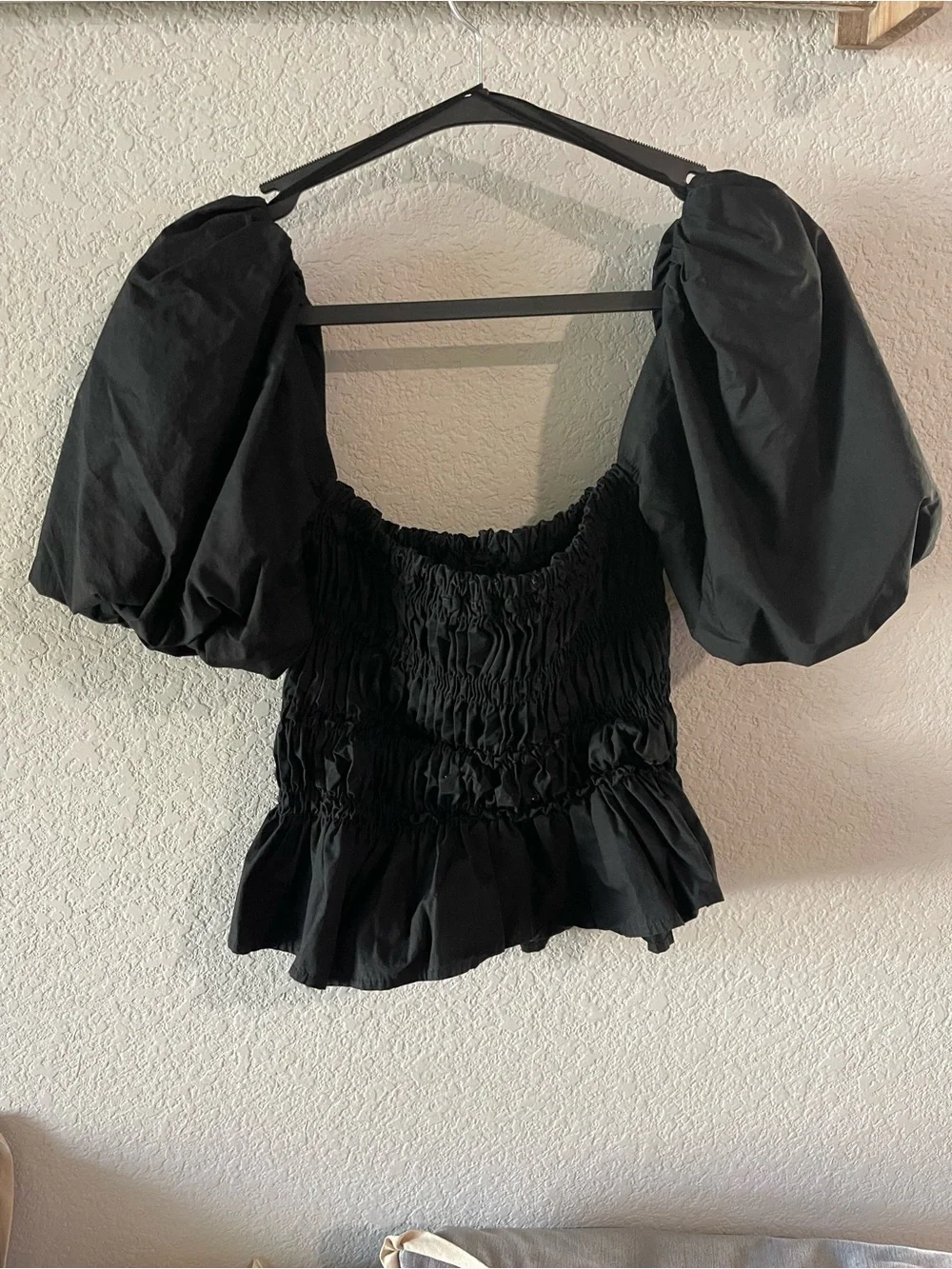 Astr Black Smocked Peplum Puff Sleeve Top